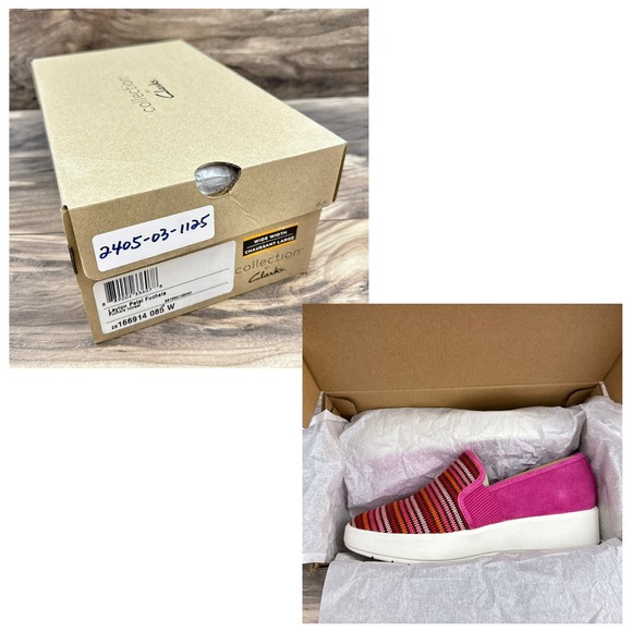 NIB Clarks Layton Petal 8.5W WIDE Slip On Comfort Sneakers fuchsia Pink - Picture 11 of 12